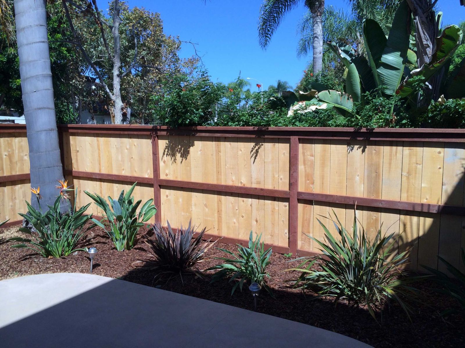 Wood fence with stained rails